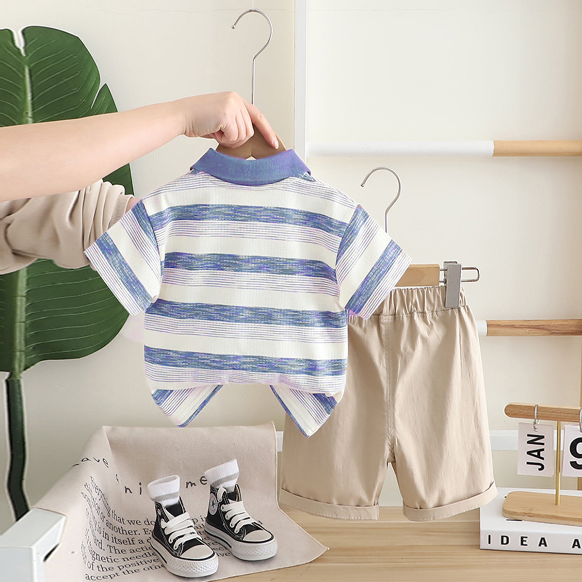 Boys Blue Striped Polo T-shirt with Khaki Shorts Set Sets