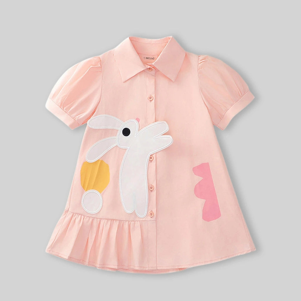 Girls Light Pink Bunny Applique Puff Sleeve Shirt Dress Casual Dresses