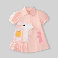 Girls Light Pink Bunny Applique Puff Sleeve Shirt Dress Casual Dresses