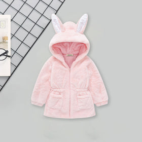 Girls Light Pink Solid Polar Fleece Ear Hooded Jacket Coats & Jackets Light Pink 1-2 Y