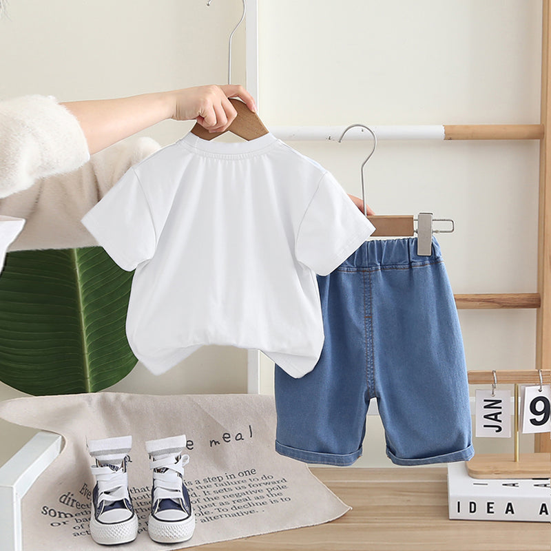 Boys White Appliqued Short Sleeves T-Shirt With Denim Shorts Set 2 pc. Sets