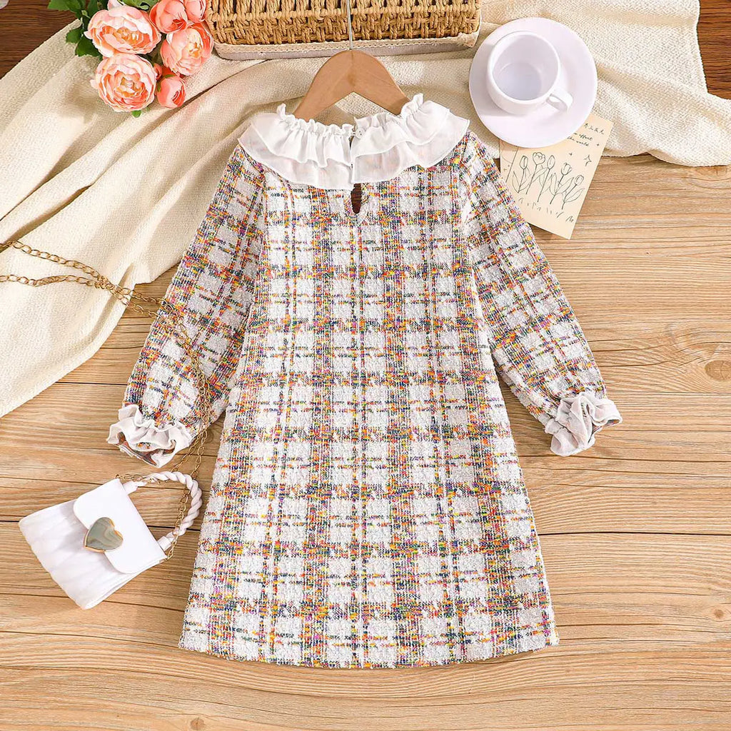 Girls Off White Checked A-line Dress Casual Dresses