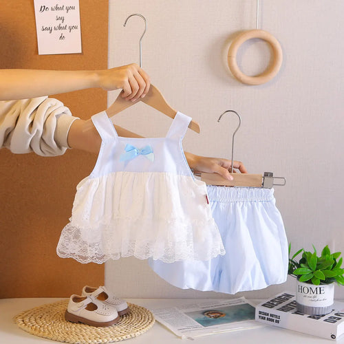 Girls Light Blue Sleeveless Lace Hem Top With Bloomer-style Shorts Sets Sets