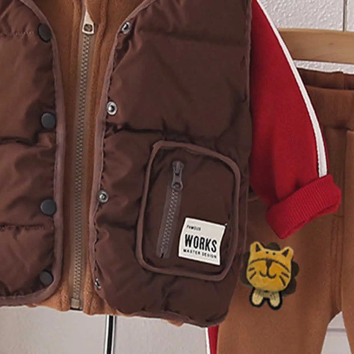 Boys Brown Hooded Zipper Jacket With Puffer Vest & Jogger Sets Sets