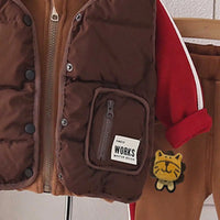 Boys Brown Hooded Zipper Jacket With Puffer Vest & Jogger Sets Sets
