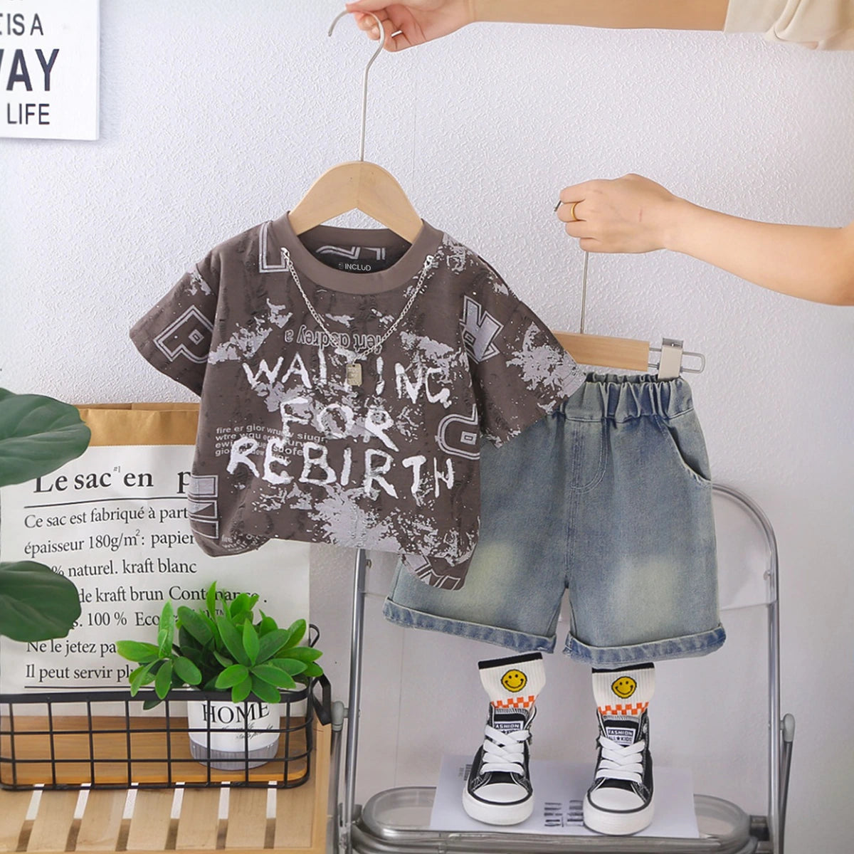 Boys Dark Brown Typographic Print T-Shirt With Denim Shorts Set Sets Dark Brown 1-2 Y
