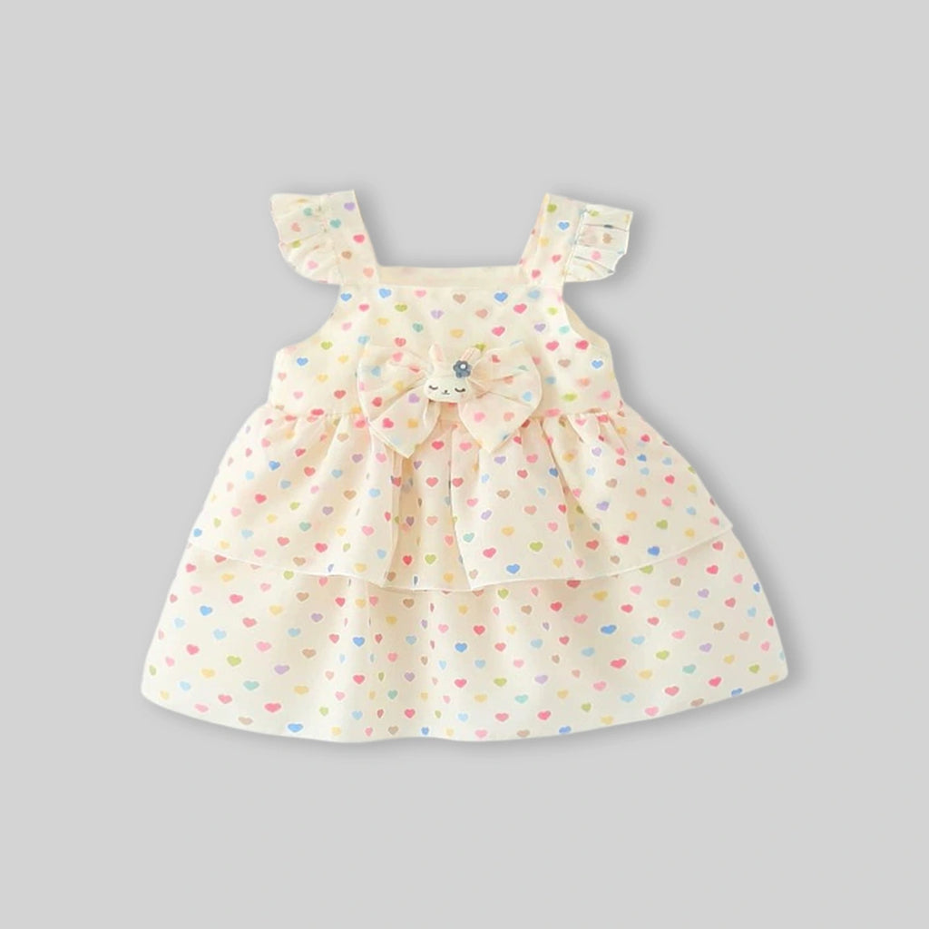 Girls Apricot Heart Print A-Line Dress With Bow Details Casual Dresses