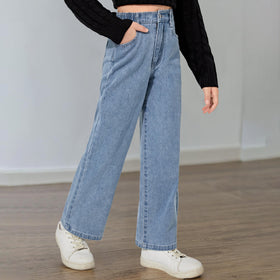 Girls Light Blue Straight Fitted Denim Pants Pants