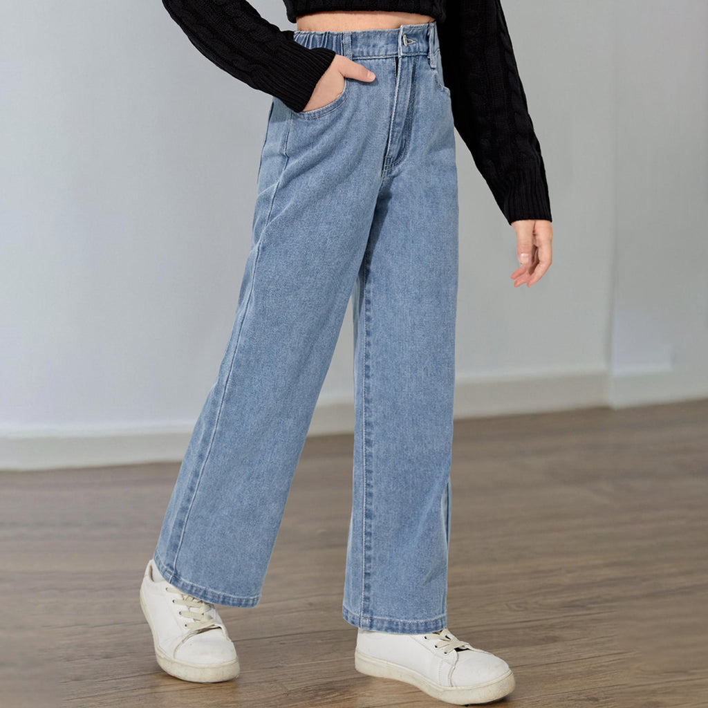 Girls Light Blue Straight Fitted Denim Pants Pants