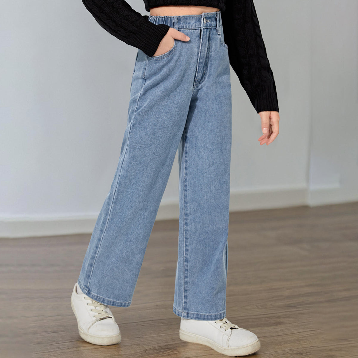 Girls Light Blue Straight Fitted Denim Pants Pants