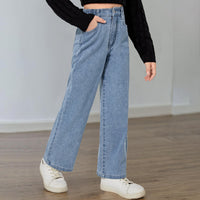 Girls Light Blue Straight Fitted Denim Pants Pants