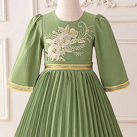 Girls Green Embroidered Maxi Dress With Three-quarter Sleeves Casual Dresses