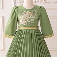 Girls Green Embroidered Maxi Dress With Three-quarter Sleeves Casual Dresses