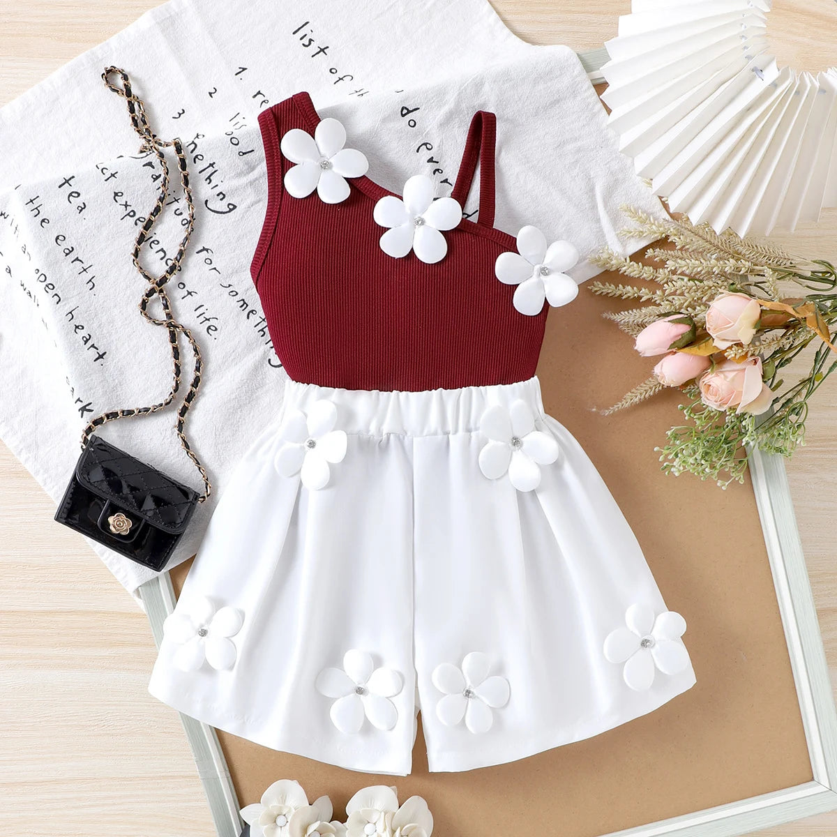 Girls Maroon Floral Applique Top With Shorts Sets 2 pc. Sets Maroon 3-4 Y