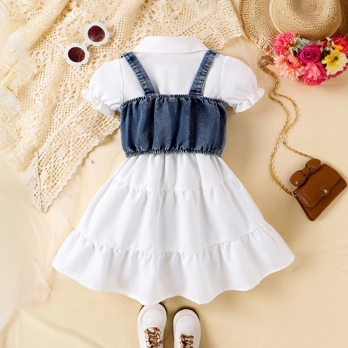 Girls White Puff Sleeve Layered Dress With Denim Jacket Casual Dresses