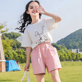 Girls Rabbit Graphic T-Shirt With Shorts Set 2 pc. Sets Pink 5-6 Y 