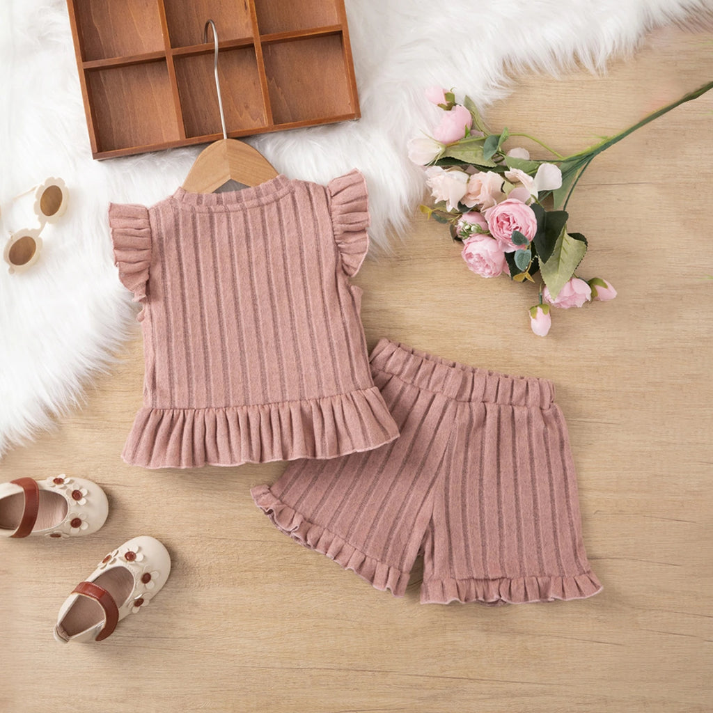 Girls Pink Self Stripes Top With & Shorts With Ruffle Details Co-ord Sets Sets