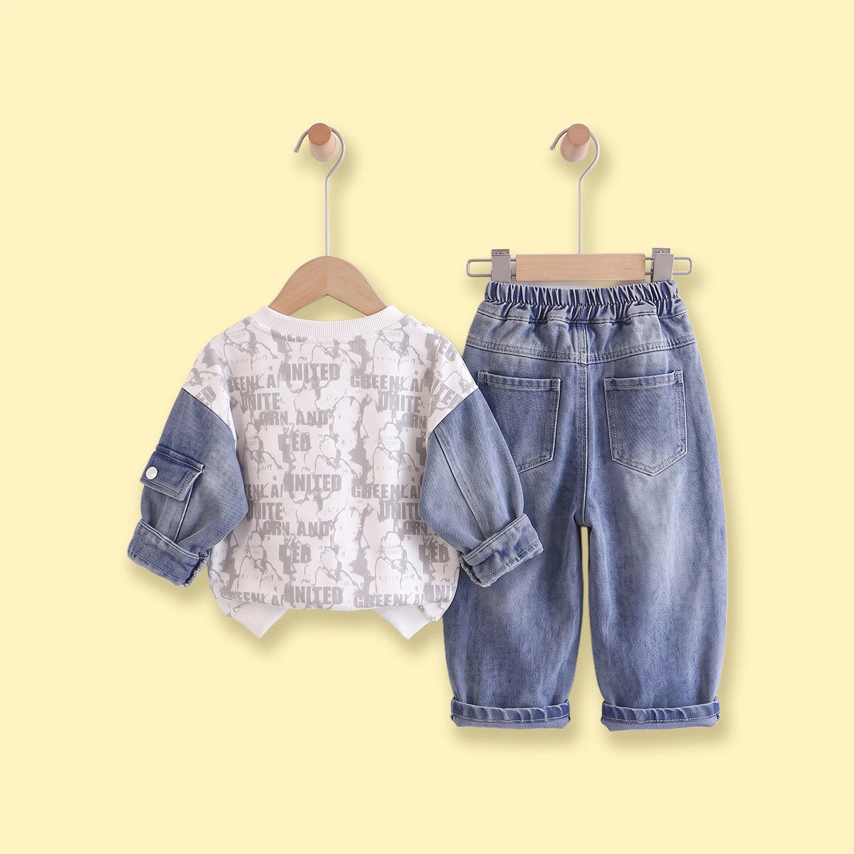 Boys White Typography Sweatshirt With Denim Pants Sets 2 pc. Sets