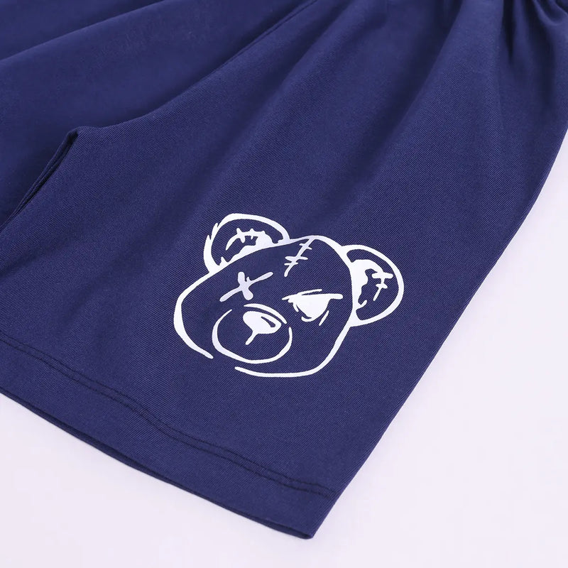 Boys Navy Blue Teddy Bear Print T-Shirt With Shorts Sets Sets