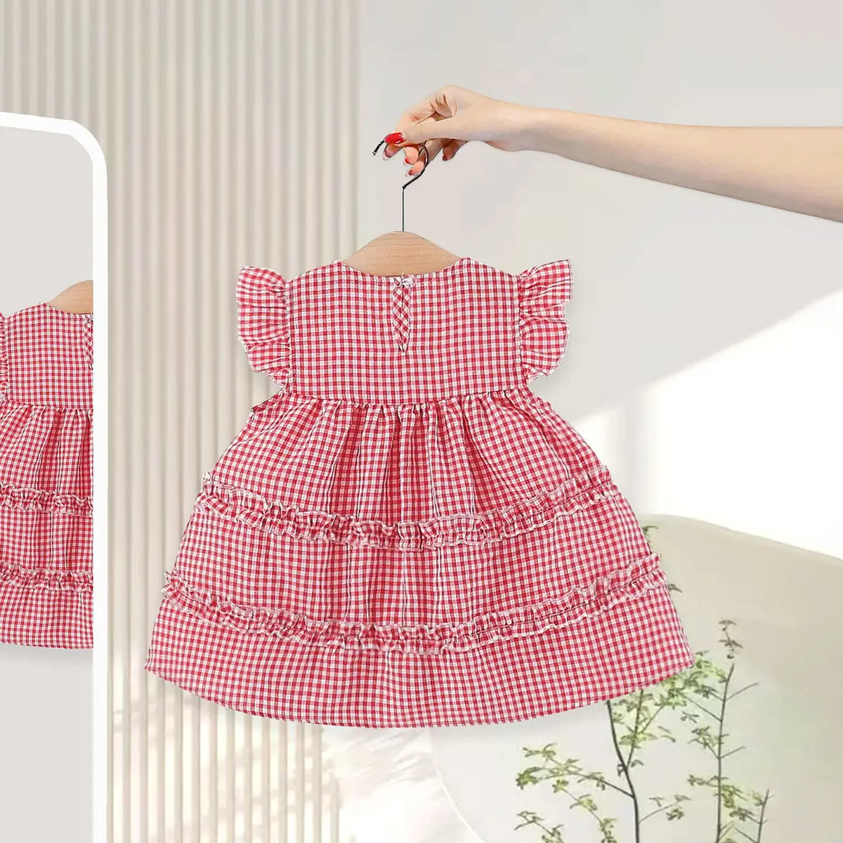 Girls Red Checked Mushroom Applique Fit & Flare Casual Dress Casual Dresses