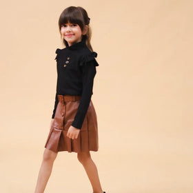 Girls Brown High Neck Top With Faux Leather Skirt Set Sets