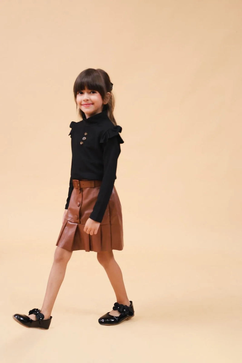 Girls Brown High Neck Top With Faux Leather Skirt Set Sets