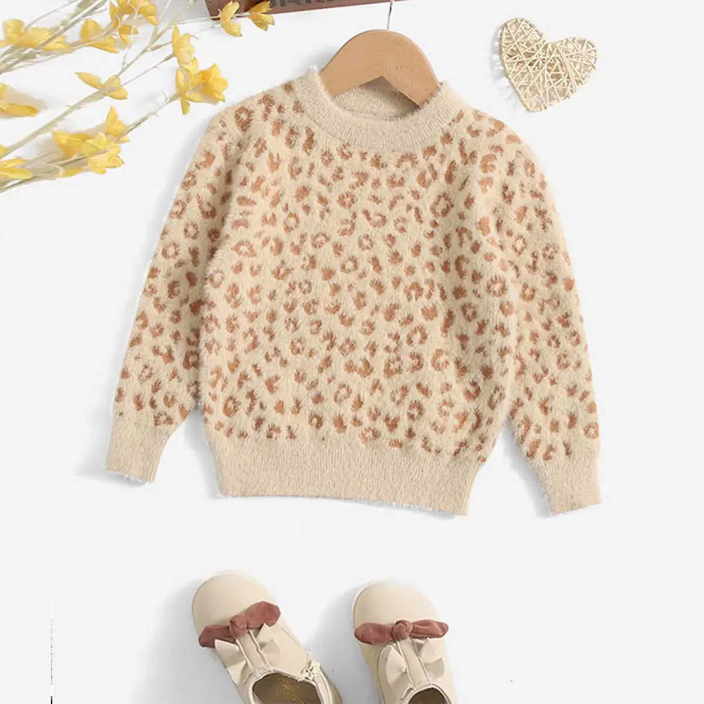 Girls Apricot Sweater With Self-Design Leopard Patterns Sweaters & Cardigans Apricot 3-4 Y