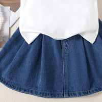 Girls White Heart Print Sleeveless Polo Top With Denim Skirt Sets 2 pc. Sets