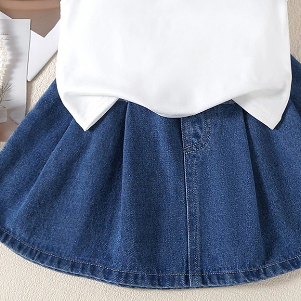 Girls White Heart Print Sleeveless Polo Top With Denim Skirt Sets 2 pc. Sets