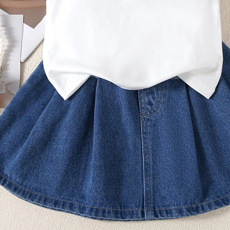 Girls White Heart Print Sleeveless Polo Top With Denim Skirt Sets 2 pc. Sets