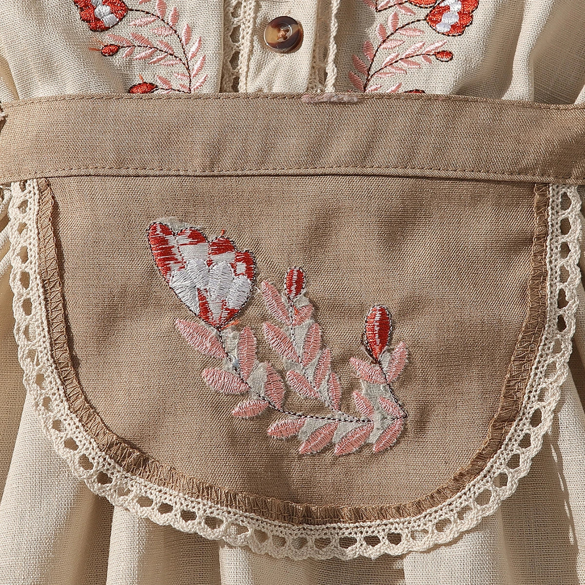 Girls Beige Floral Embroidered Fit & Flare Dress With Puff Sleeves Casual Dresses