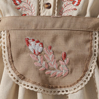 Girls Beige Floral Embroidered Fit & Flare Dress With Puff Sleeves Casual Dresses