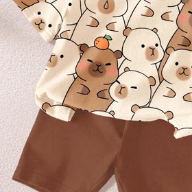 Girls Brown Capybara Print Short Sleeve T-Shirt With Shorts Sets 2 pc. Sets