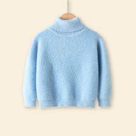 Girls Light Blue Solid High Neck Sweater Sweaters & Cardigans