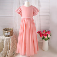Girls Peach Solid Laced Short Sleeves Drop Waist Dress Casual Dresses Peach 7-8 Y