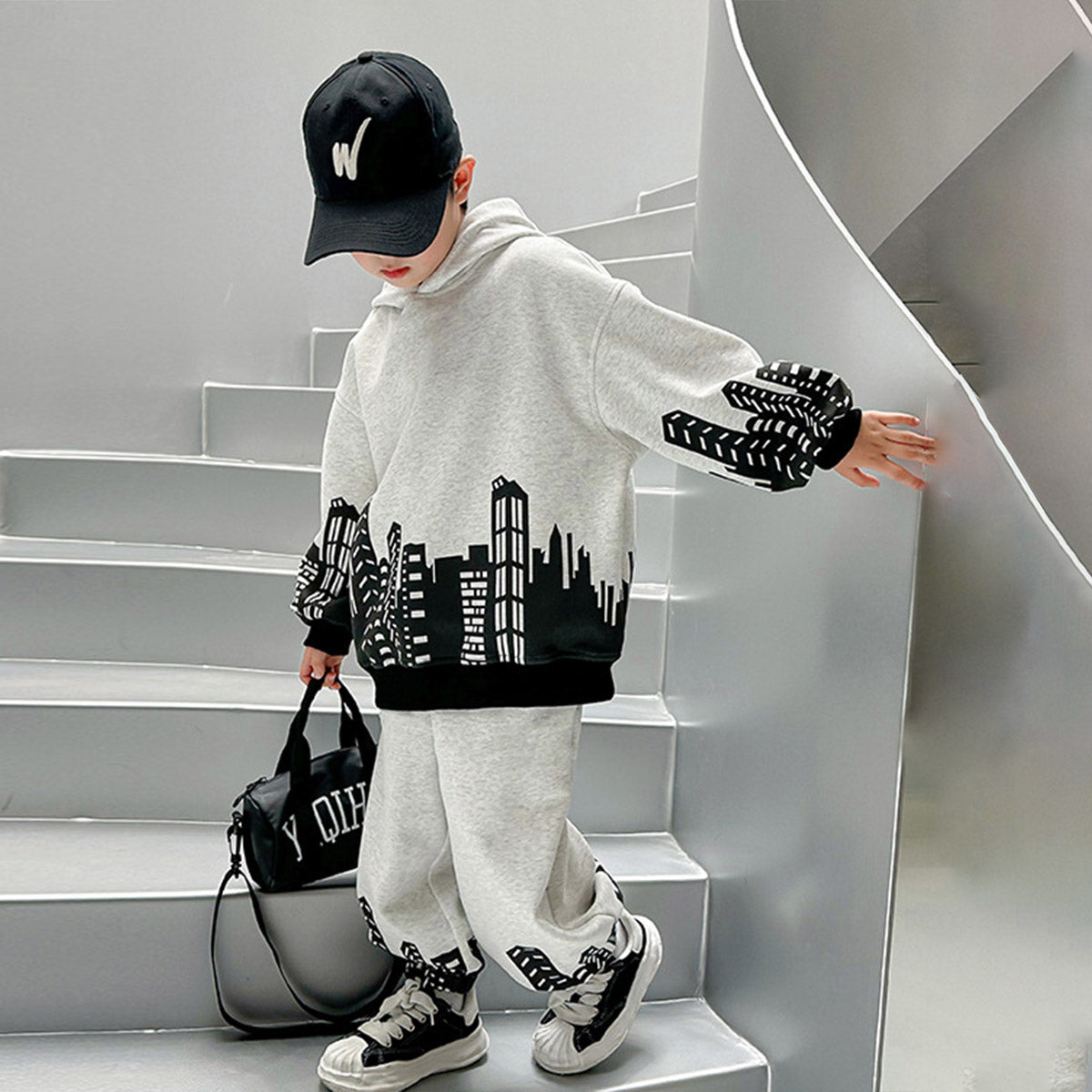 Boys Grey Printed Hooded Sweatshirt With Pants Sets 2 pc. Sets