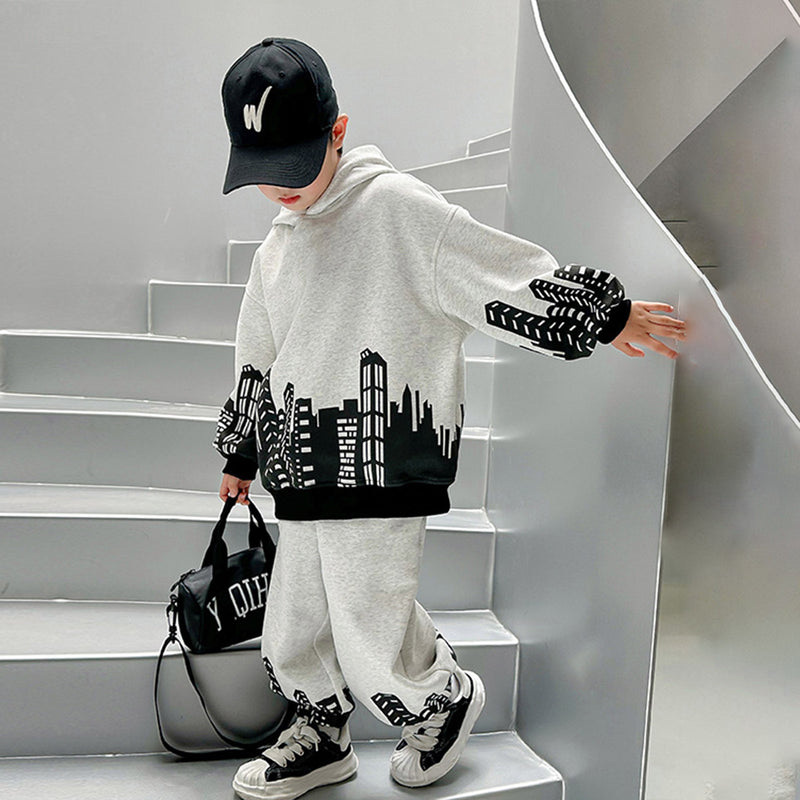 Boys Grey Printed Hooded Sweatshirt With Pants Sets 2 pc. Sets