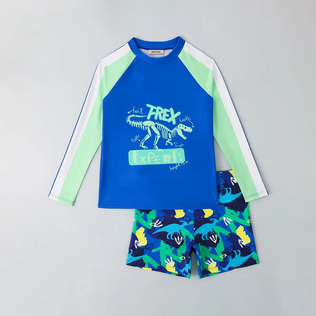 Boys Blue Graphics Long Sleeves T-Shirt & Shorts Swimsuit Sets Sets