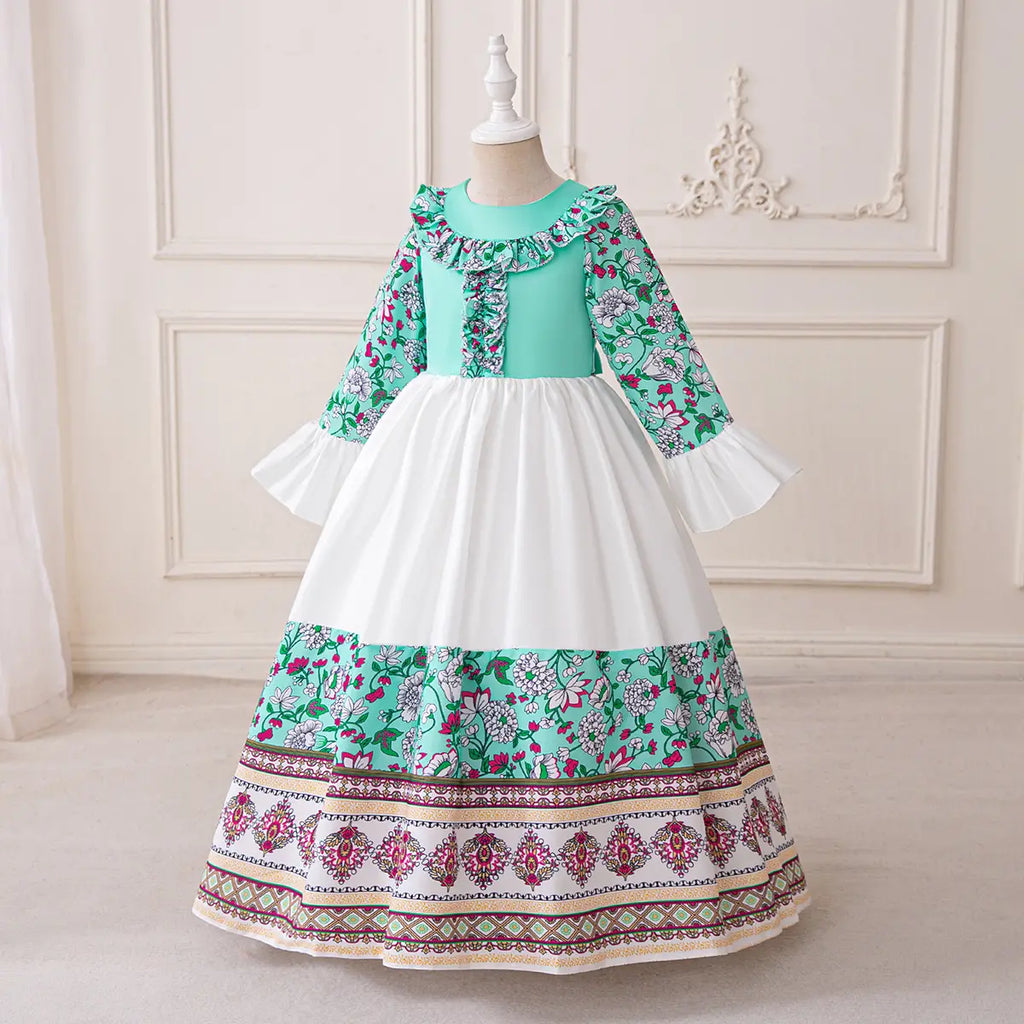 Girls Teal Floral Print Maxi Dress With Long Sleeves Casual Dresses