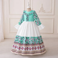 Girls Teal Floral Print Maxi Dress With Long Sleeves Casual Dresses