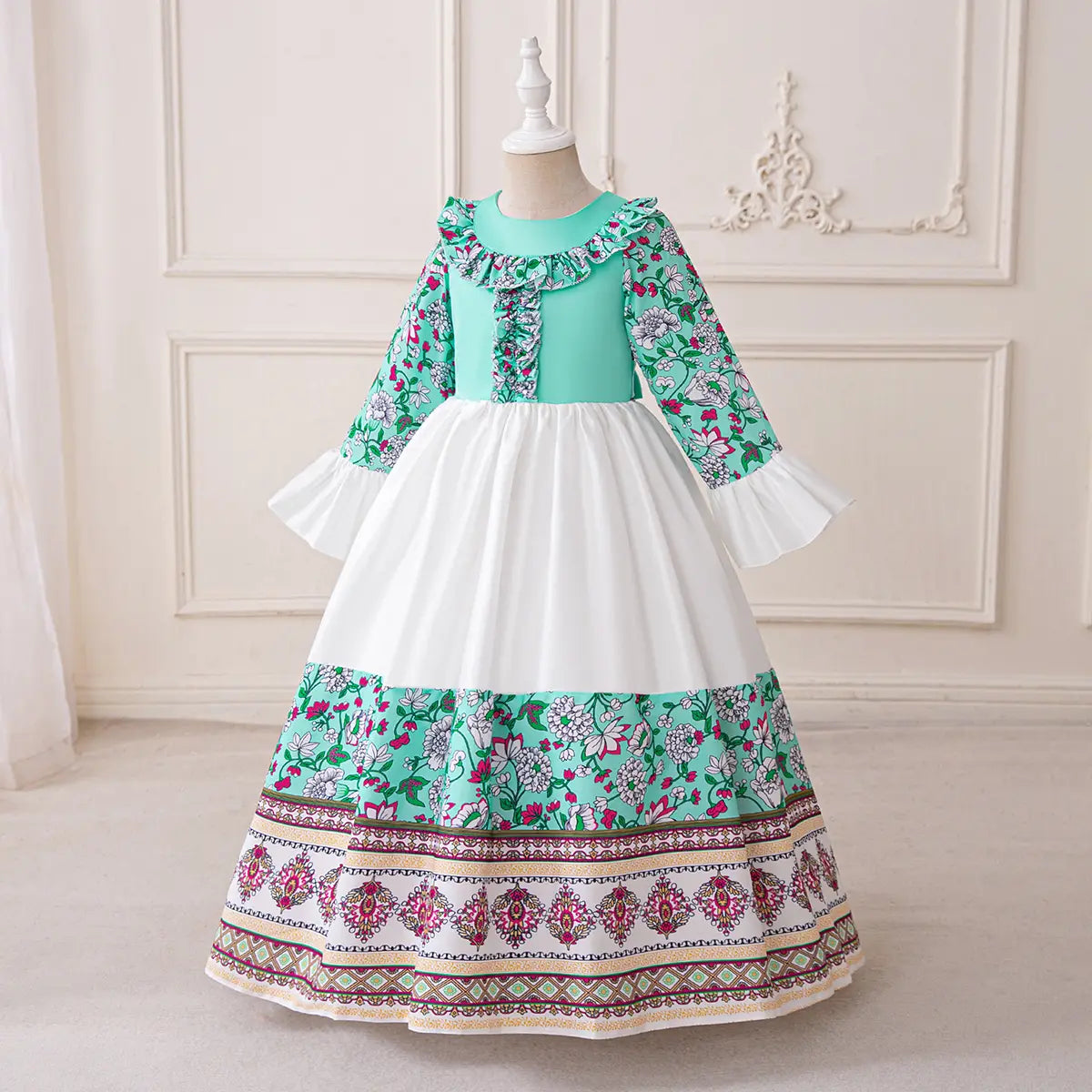 Girls Teal Floral Print Maxi Dress With Long Sleeves Casual Dresses