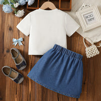 Girls White Bow Applique Short Sleeve Top With Denim Skirt Sets 2 pc. Sets
