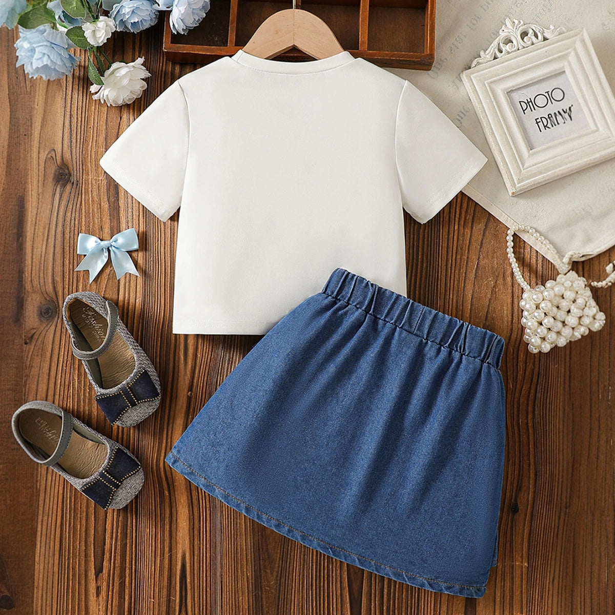 Girls White Bow Applique Short Sleeve Top With Denim Skirt Sets 2 pc. Sets