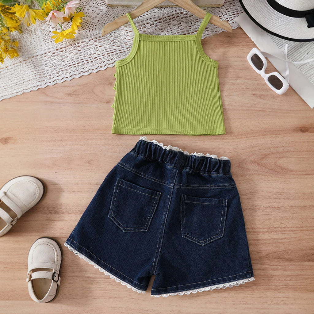 Girls Green Ruffle Crop Top With Denim Shorts Set Sets