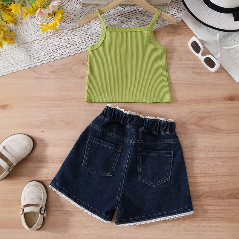 Girls Green Ruffle Crop Top With Denim Shorts Set Sets
