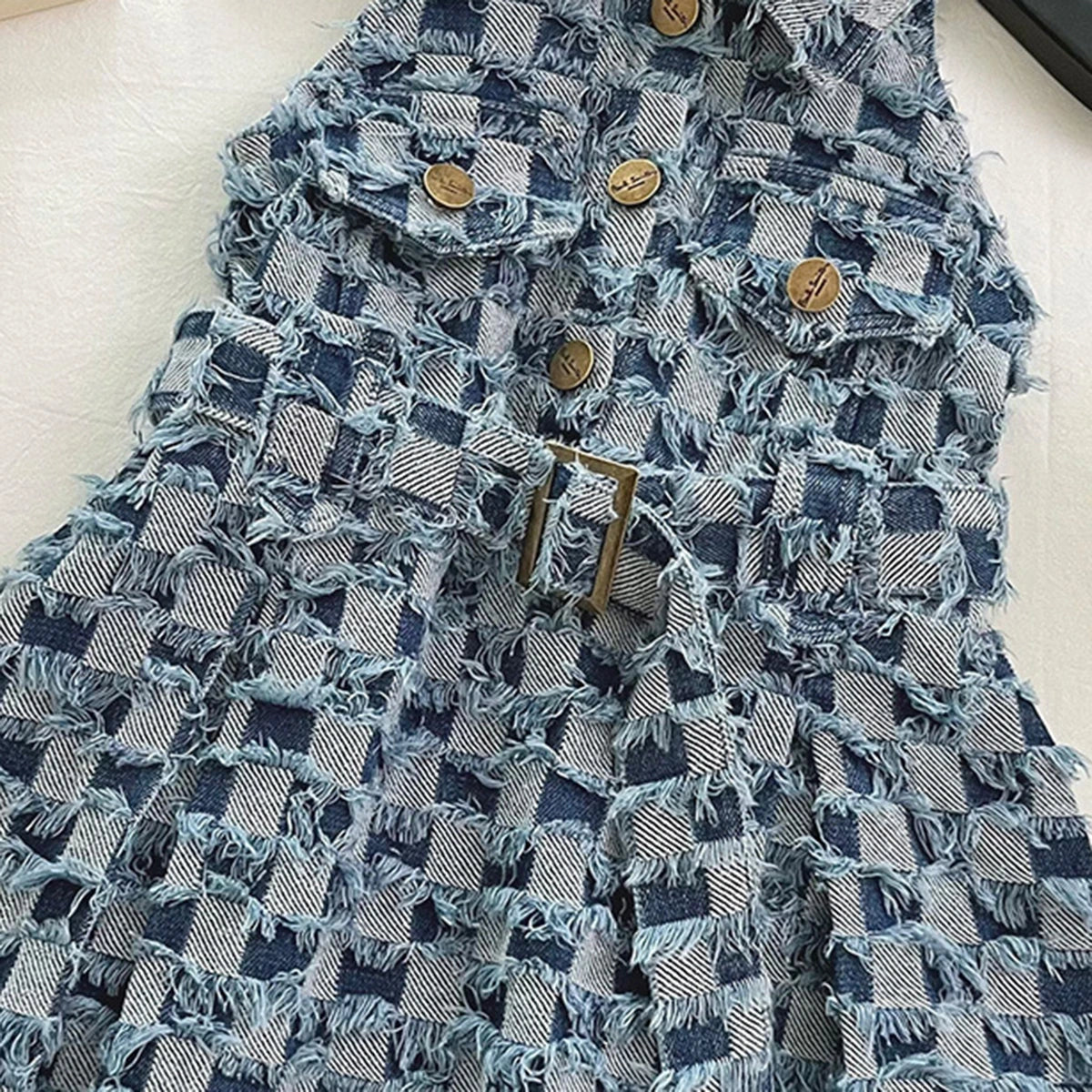 Girls Blue Checked Distressed Sleeveless A-Line Dress Casual Dresses