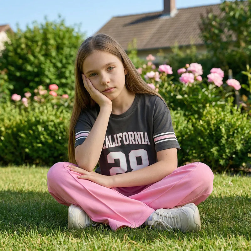 Girls Black Alphanumeric Print T-Shirt With Wide-Leg Pant Sets Sets