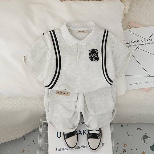 Boys Light Grey Side Striped Short Sleeves Polo T-Shirt With Shorts set 2 pc. Sets Light Grey 1-2 Y