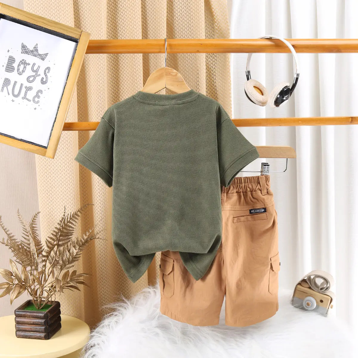 Boys Green Printed Short Sleeve T-Shirt With Elasticated Shorts Sets 2 pc. Sets