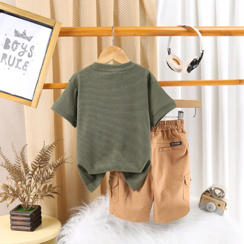 Boys Green Printed Short Sleeve T-Shirt With Elasticated Shorts Sets 2 pc. Sets